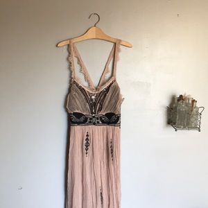 Free people long pink embroidered dress with beads
